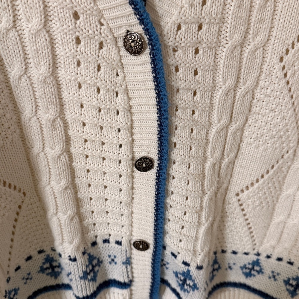 Vintage Cricket Lane V-Neck Cable Floral Rose Cardigan Cream/Blue Size Medium - Picture 5 of 8